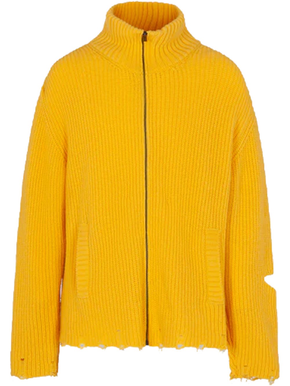 A Paper Kid Distressed Hem Knitted Jacket With Front Pockets In Yellow