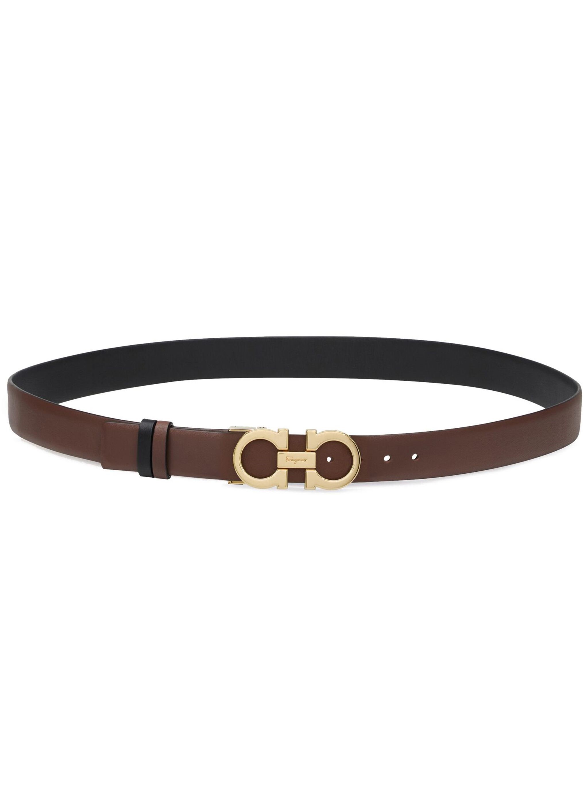Ferragamo Adjustable Reversible Slim Belt Gancini In Brown