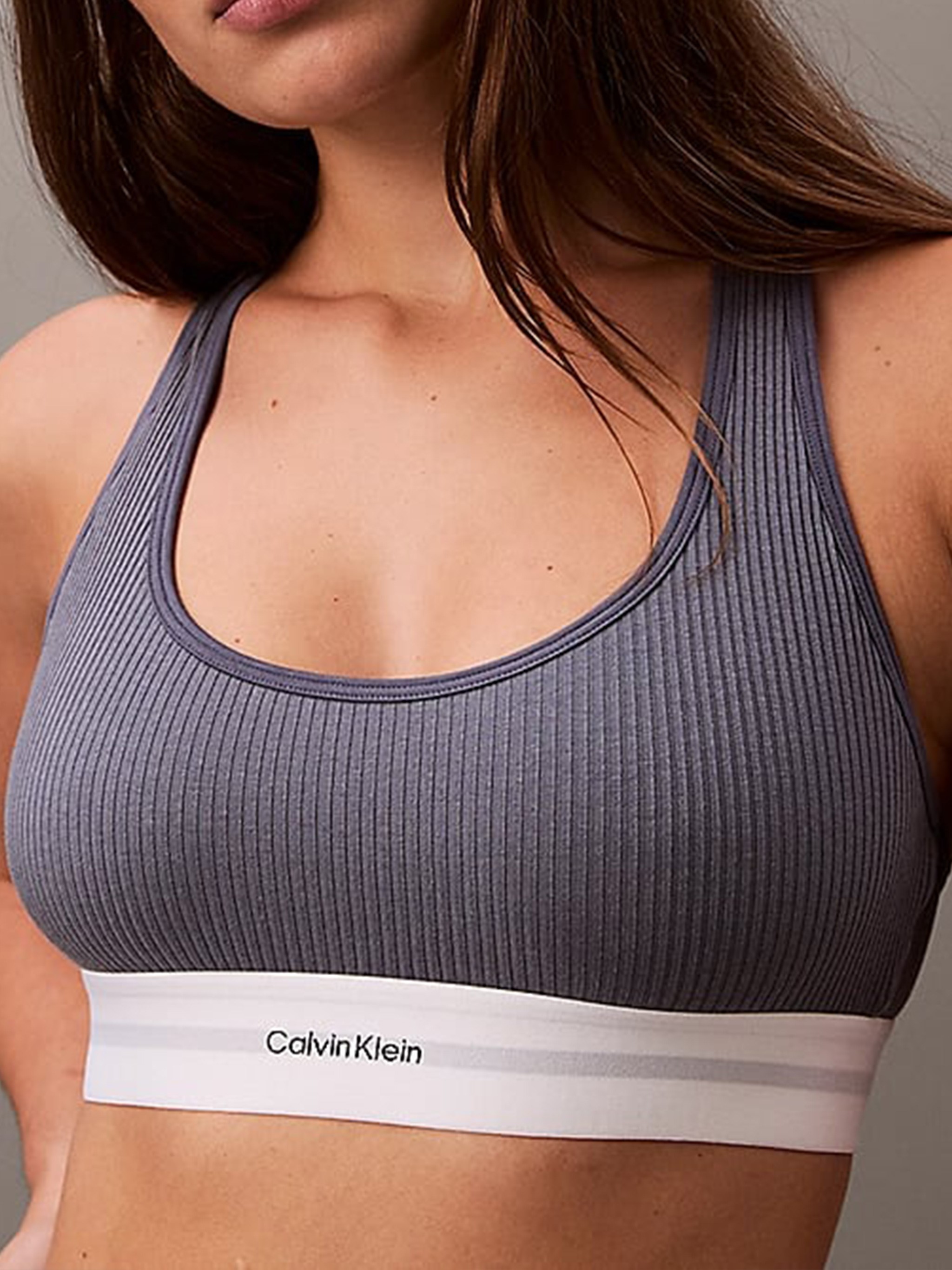 Calvin Klein Ribbed Racerback Bralette Elastic Underband In Gray