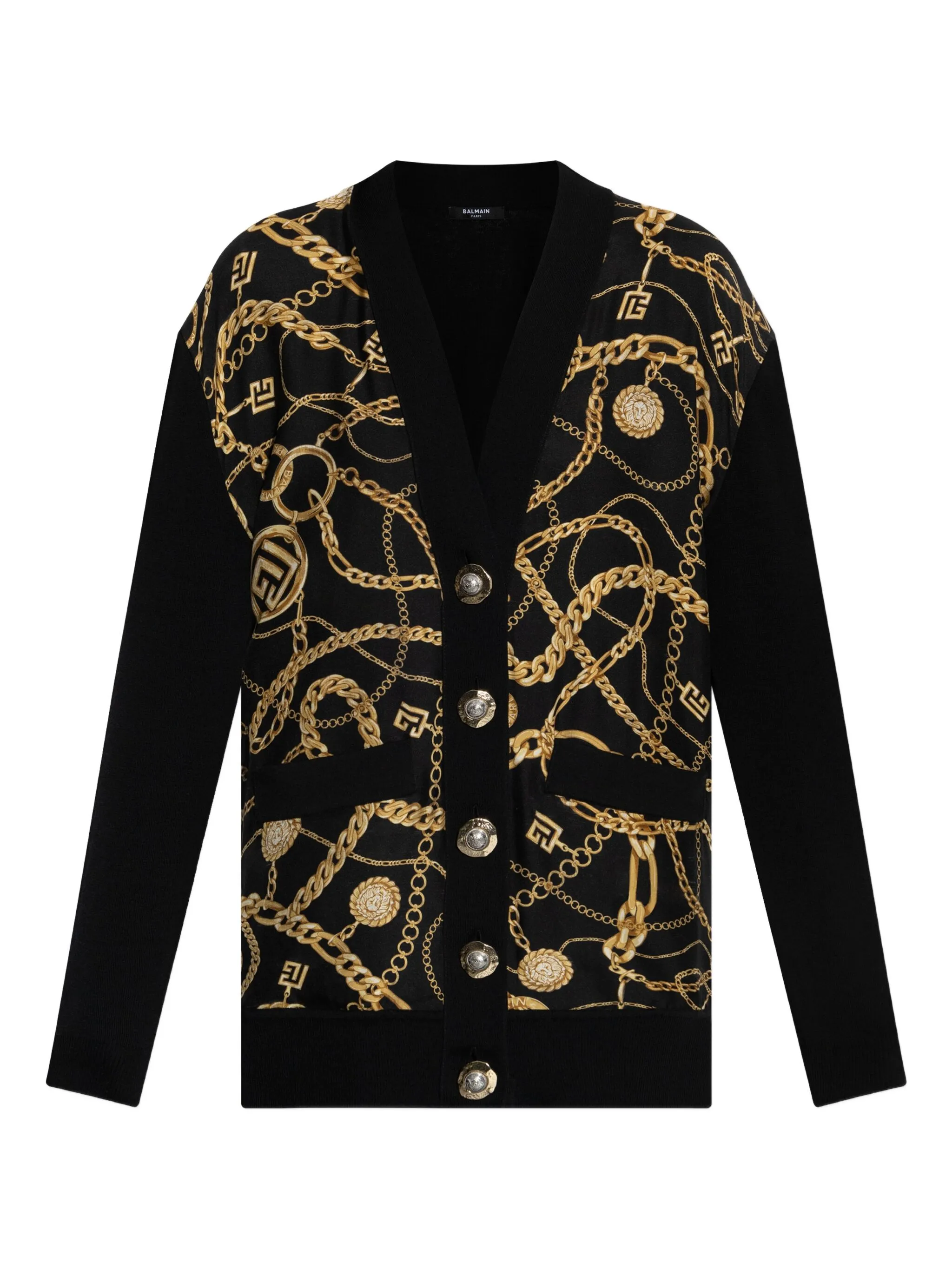 Balmain Chain Print Silk And Wool Cardigan In Black