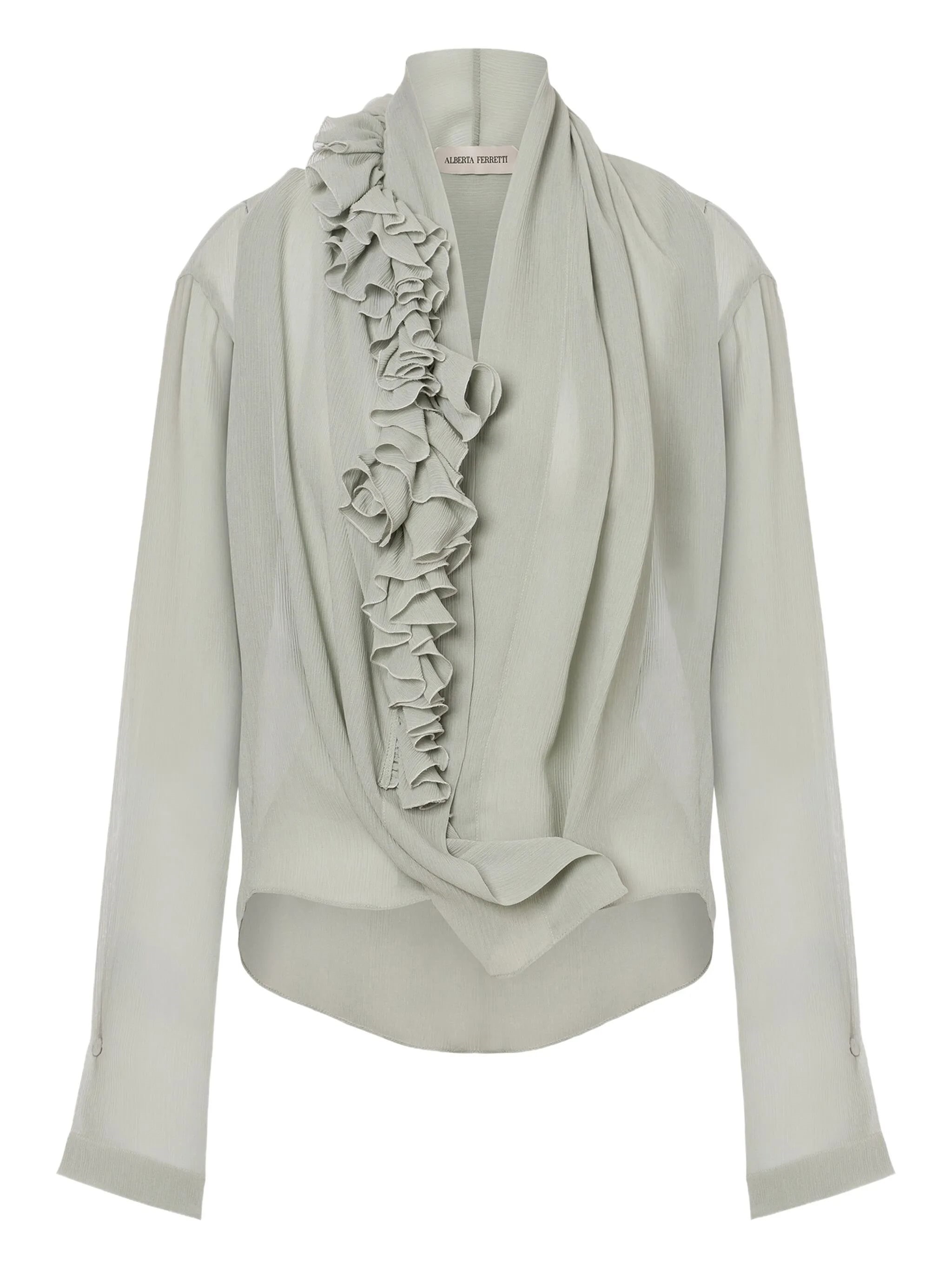 Alberta Ferretti Light Gray Ruffle Blouse With Deep V-neckline In Gray
