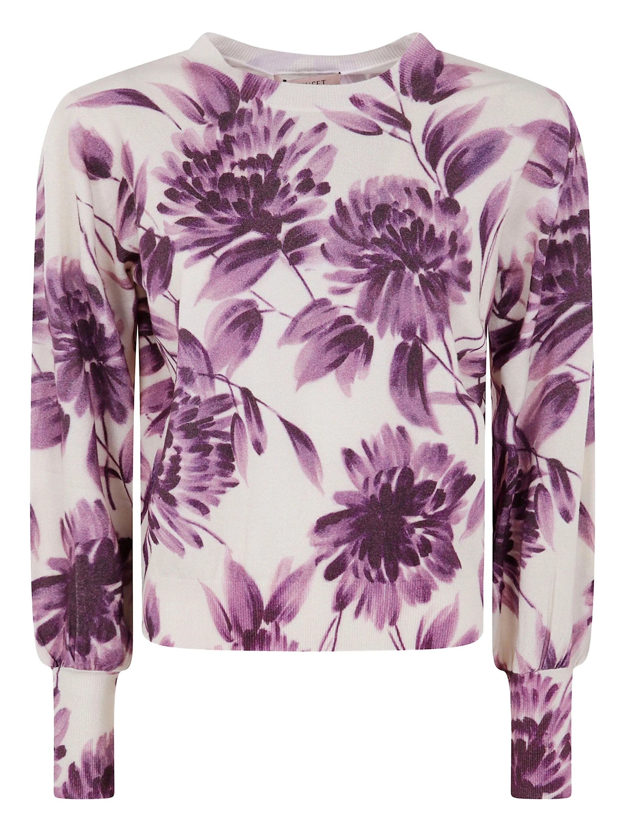 Twinset Twin-set Floral Pattern Viscose Sweater With Gathered Cuffs In Purple