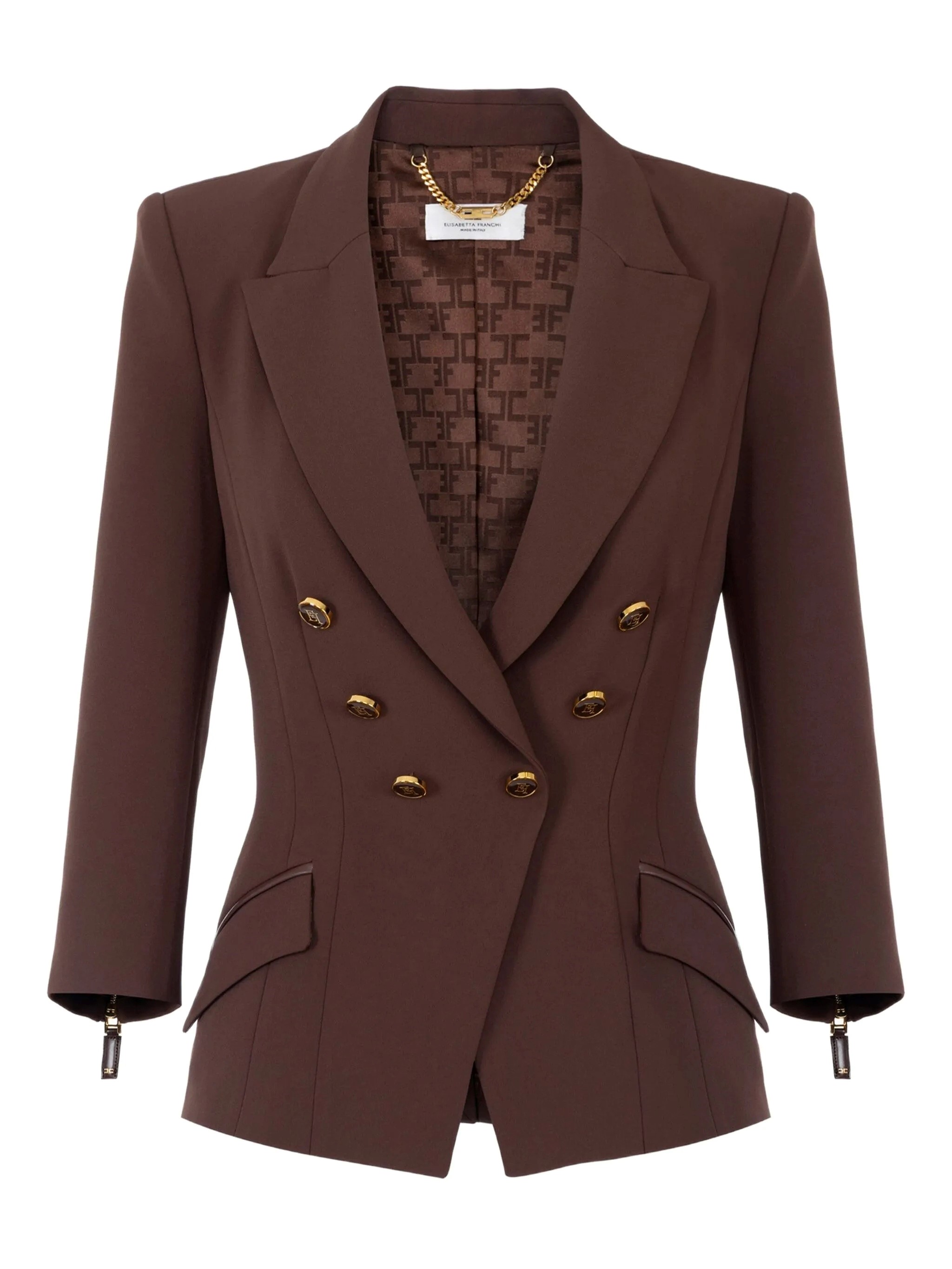 Elisabetta Franchi Tailored Brown Jacket With Gold-tone Double-breasted Closure In Brown