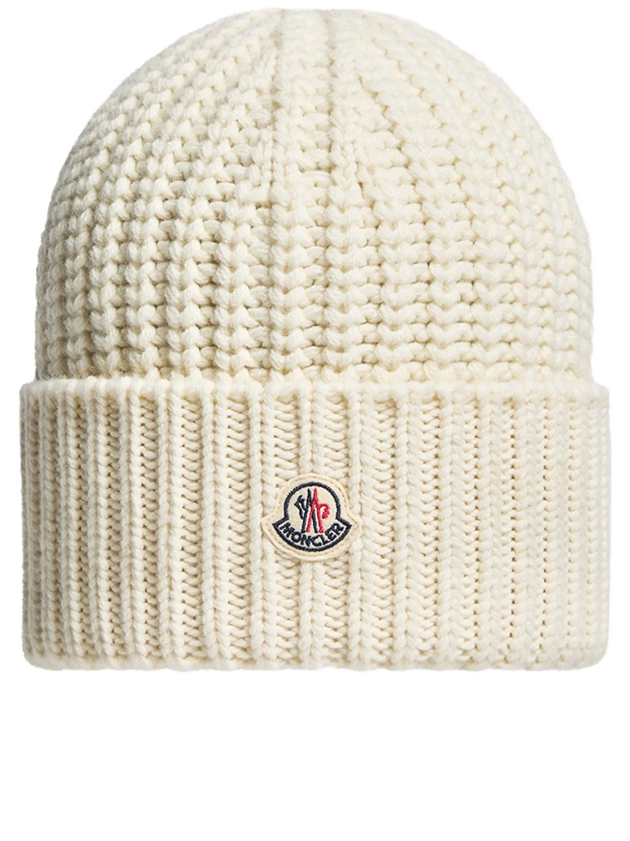 Moncler Ribbed Knit Beanie With Logo Detail In Neutral