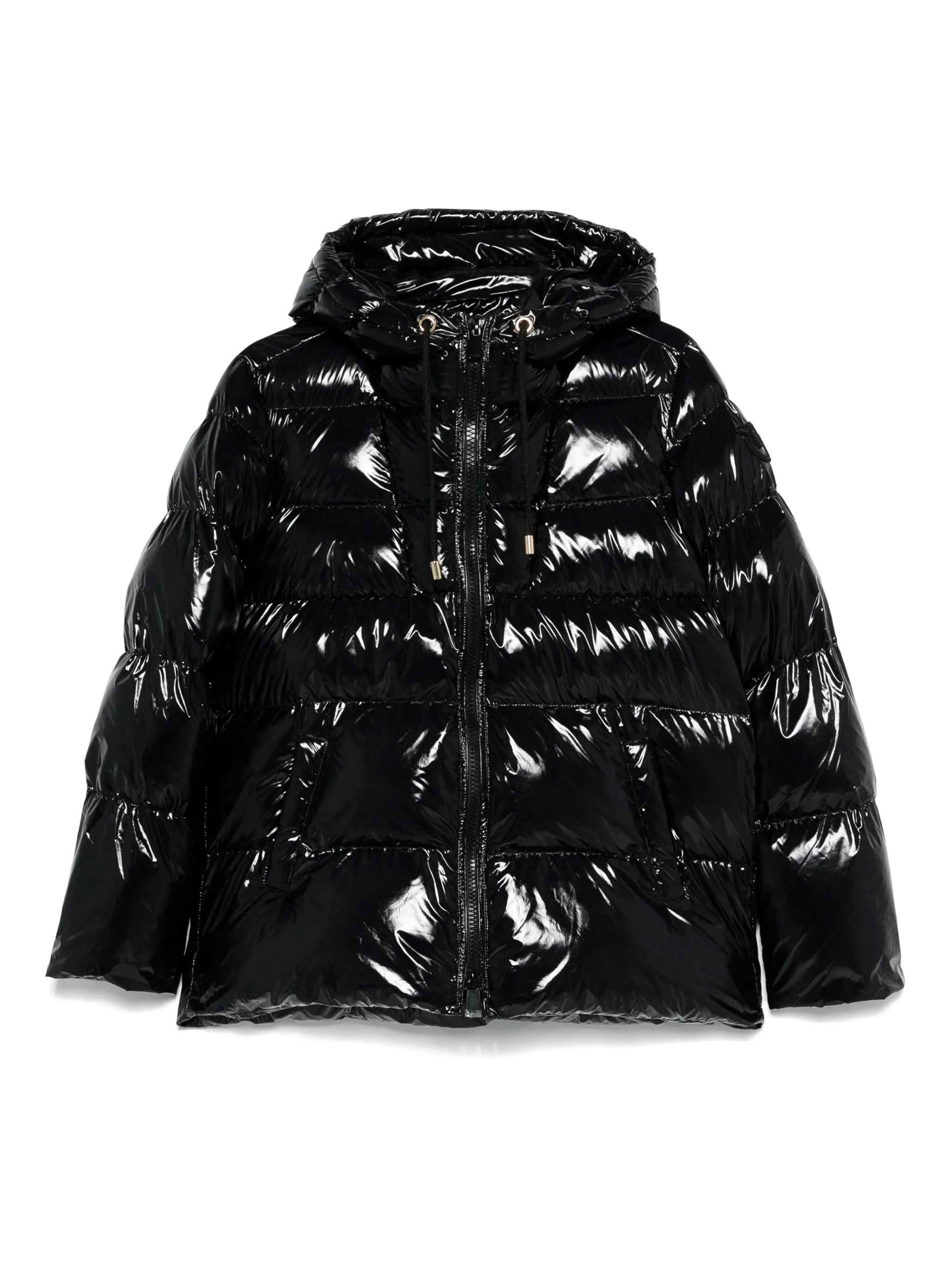 Pinko Oversized Black Puffy Coat With Glossy Finish And Hood In Black