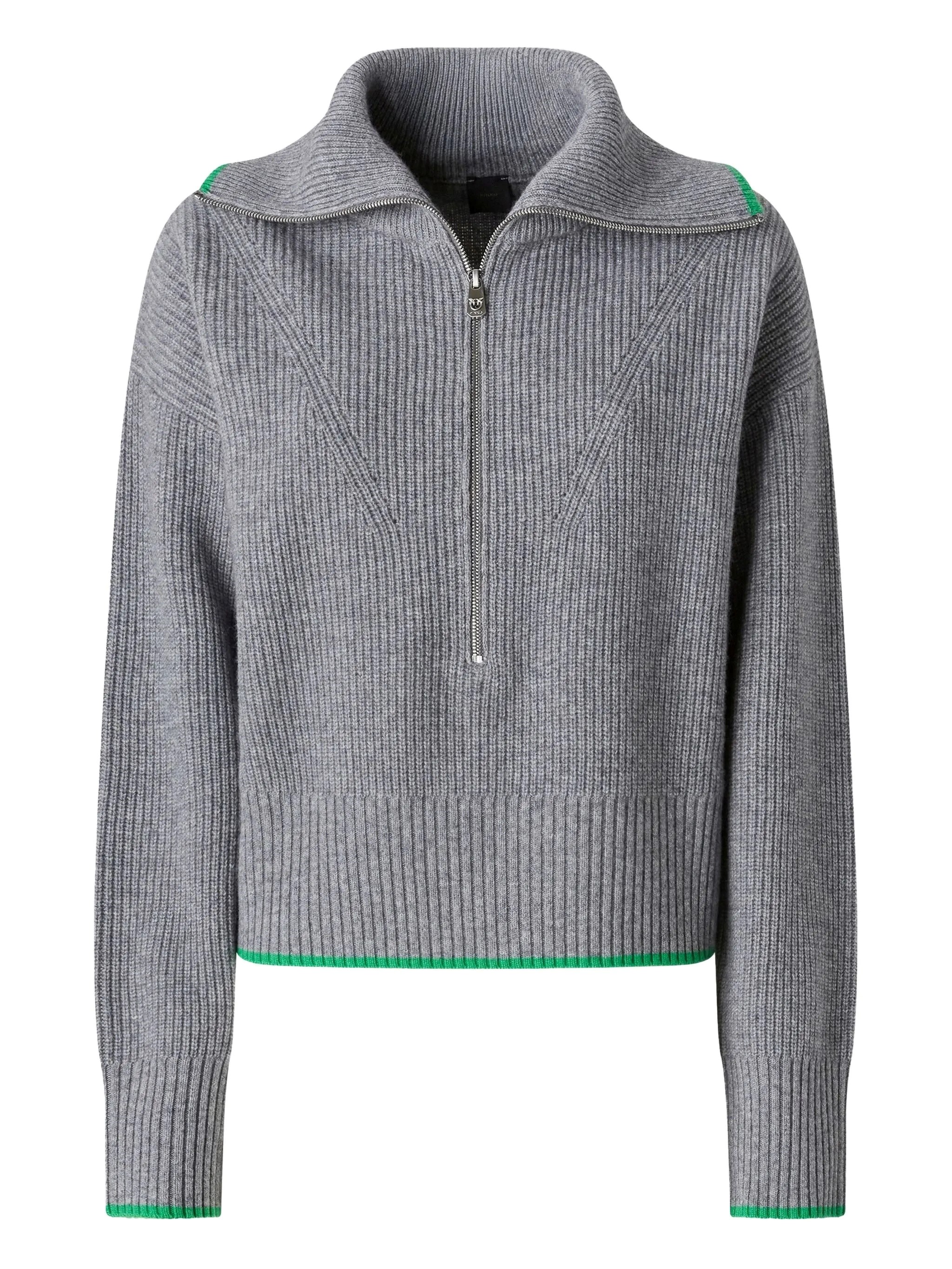 Pinko Ribbed Knitwear With High Collar And Contrast Trim In Gray
