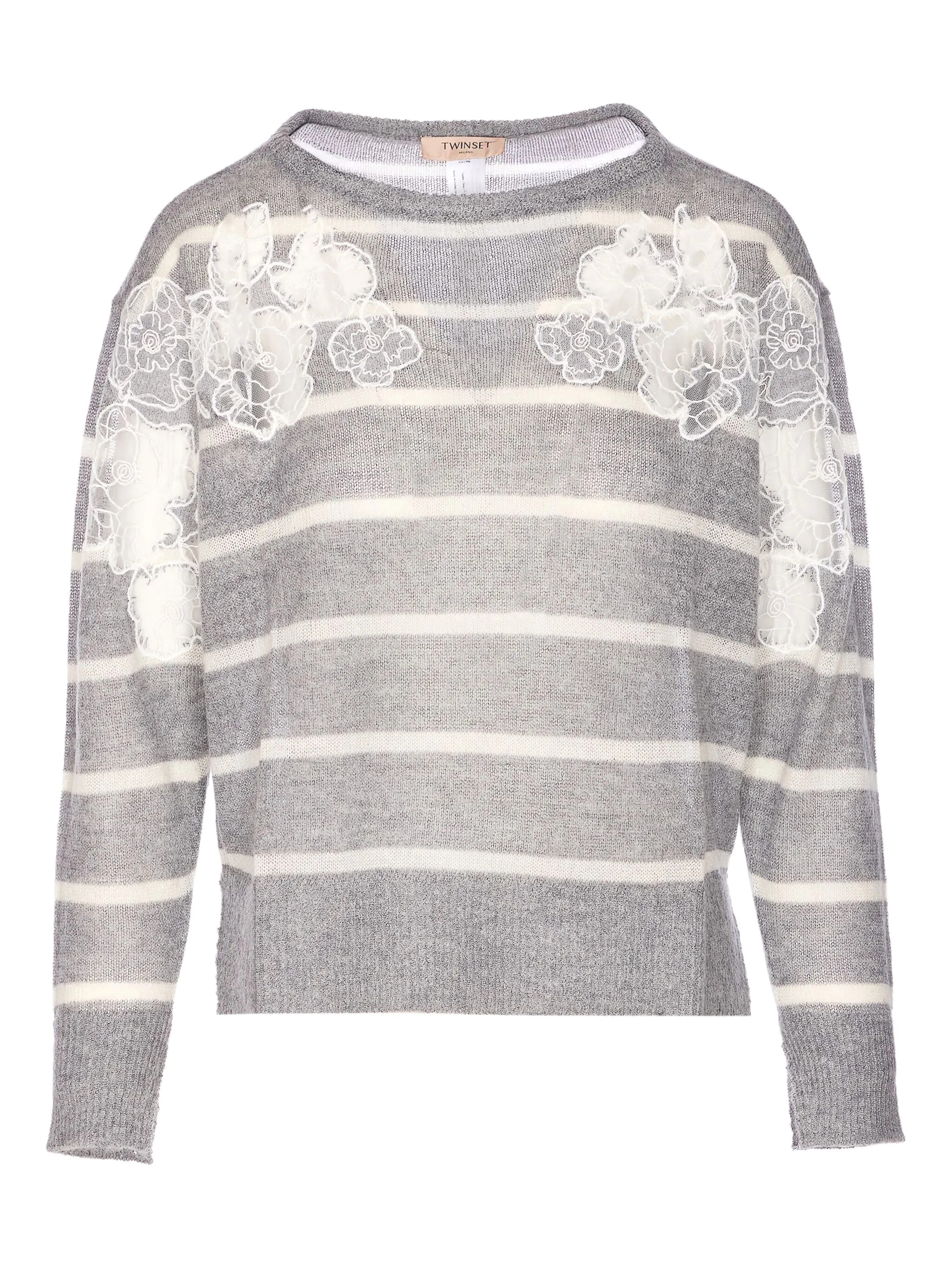 Twinset Grey Striped Sweater With Lace Floral Embellishment And Embroidered Detail In Gray