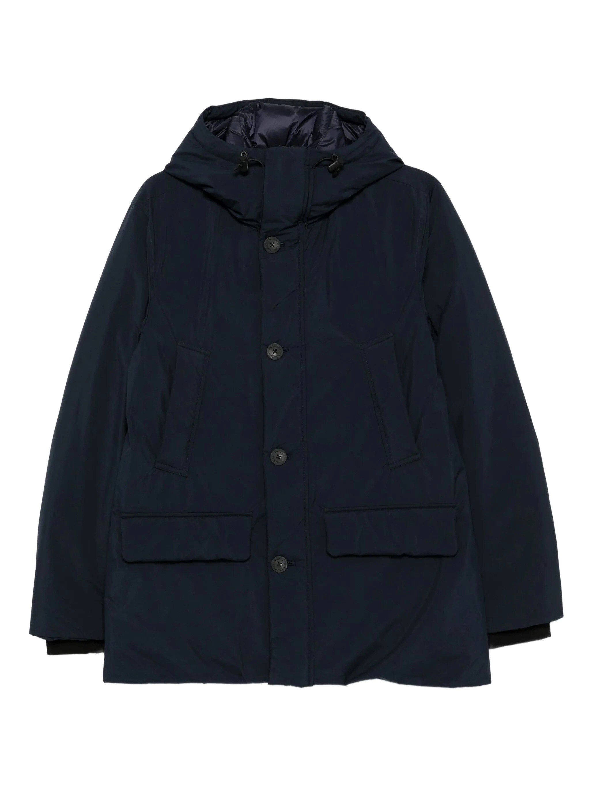 Woolrich Relaxed-fit Hooded Coat With Button Closure And Multiple Pockets In Blue