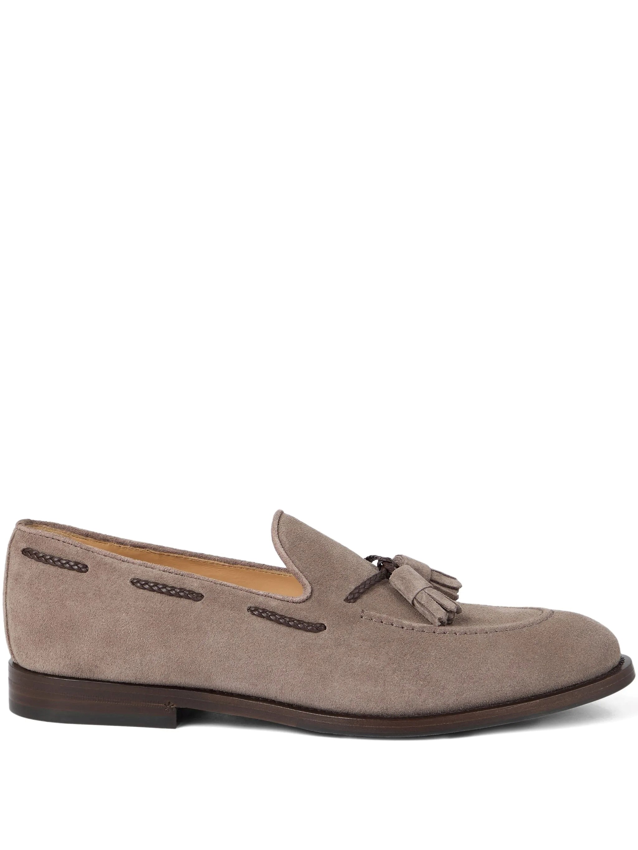 Brunello Cucinelli Suede Slippers With Almond Toe And Tassels In Brown