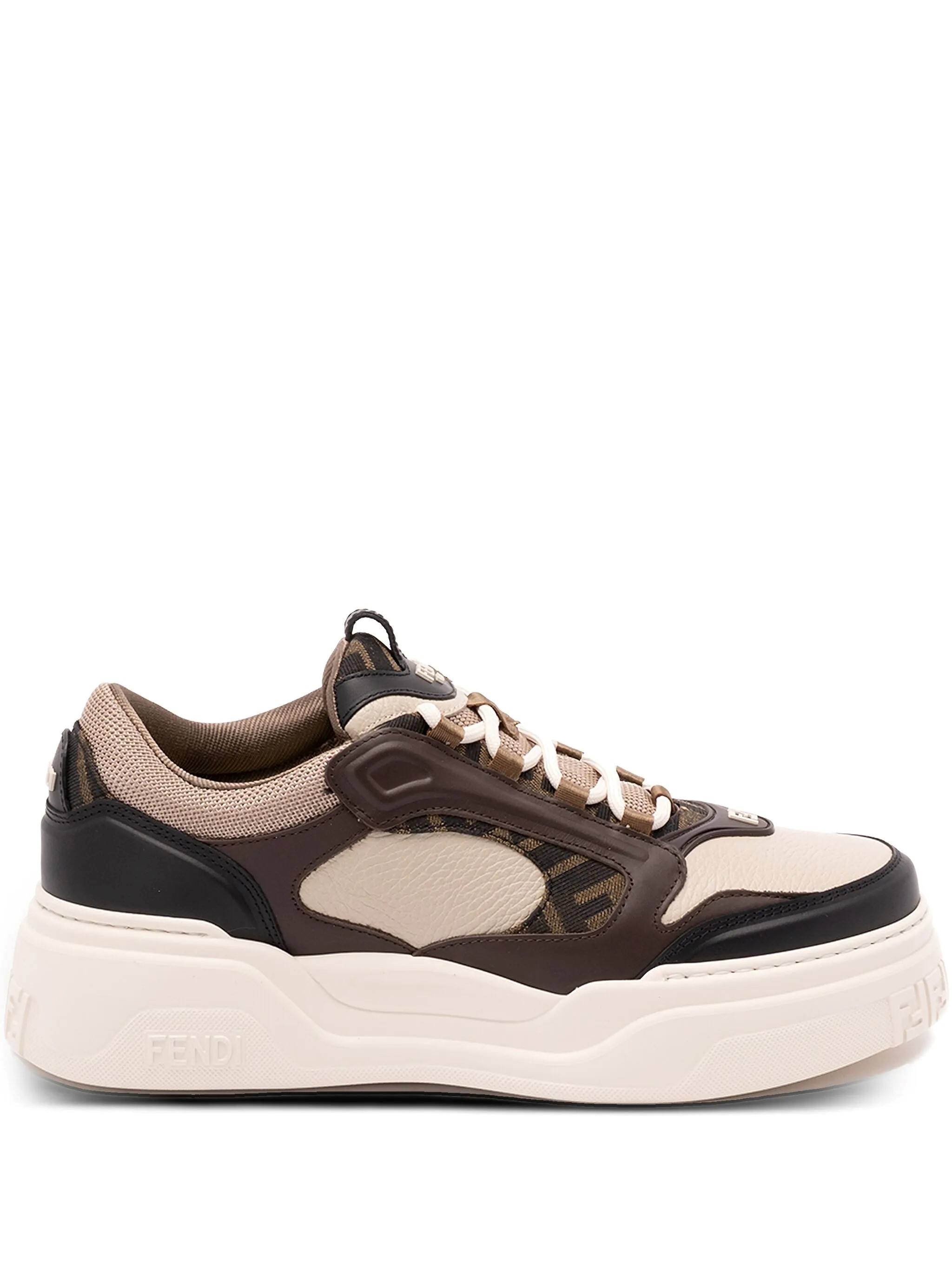 Fendi Force Leather Sneakers With Ff Jacquard And Mesh Details Shoes In Multi