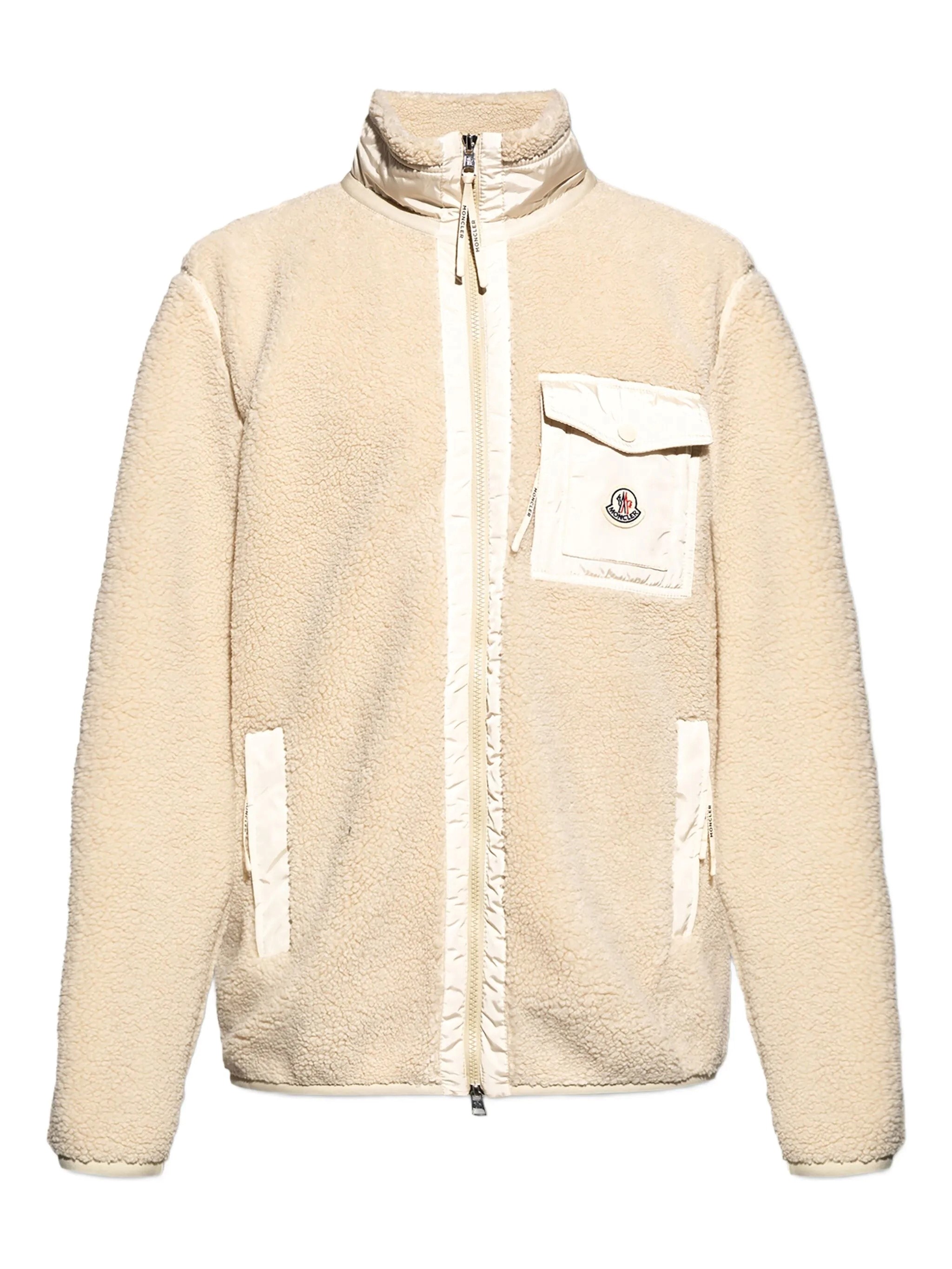 Moncler Teddy Effect Fleece Zip-up Hoodie With Pocket In Neutral