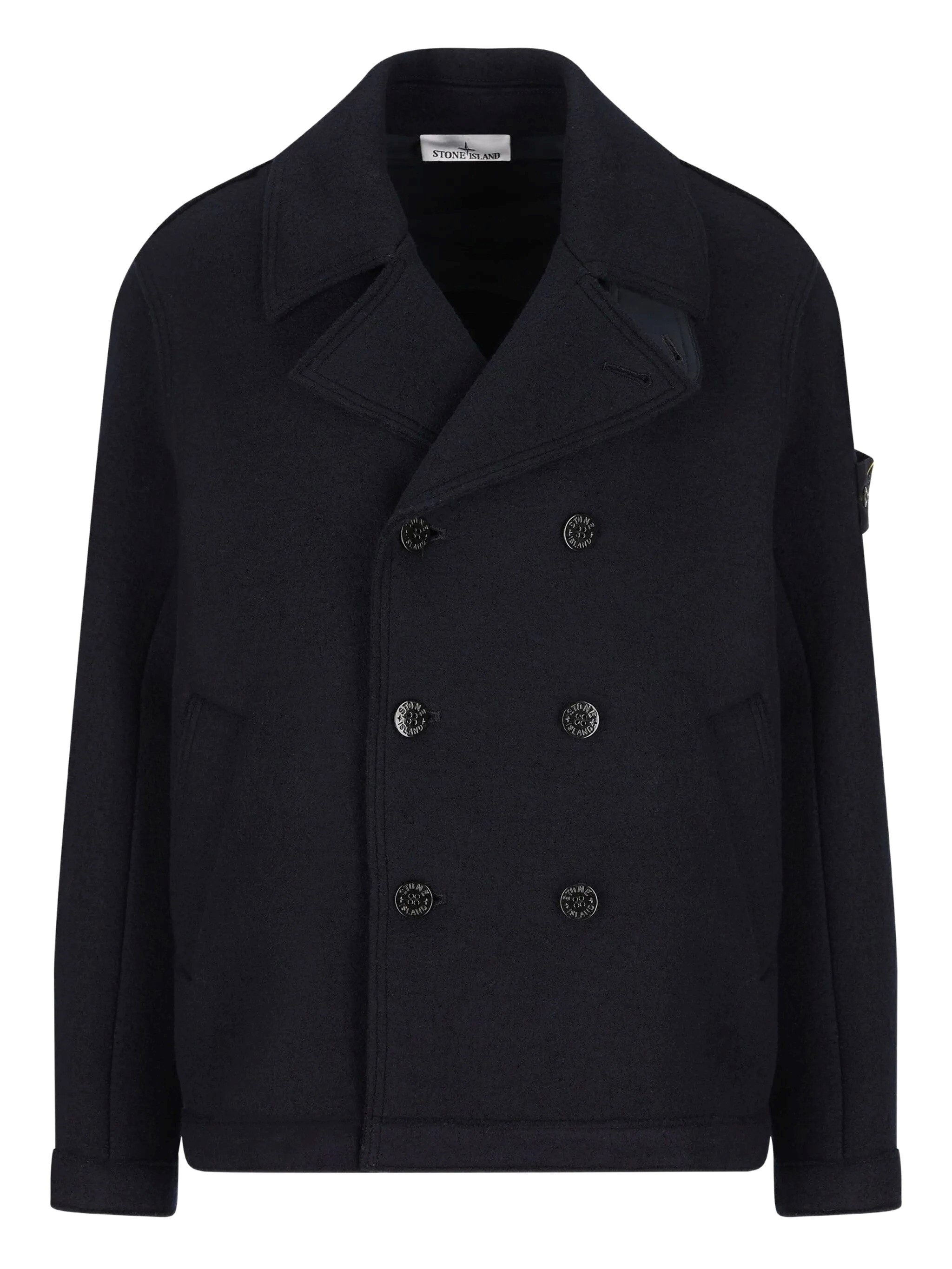 Stone Island Double-breasted Blue Coat With Structured Collar In Black