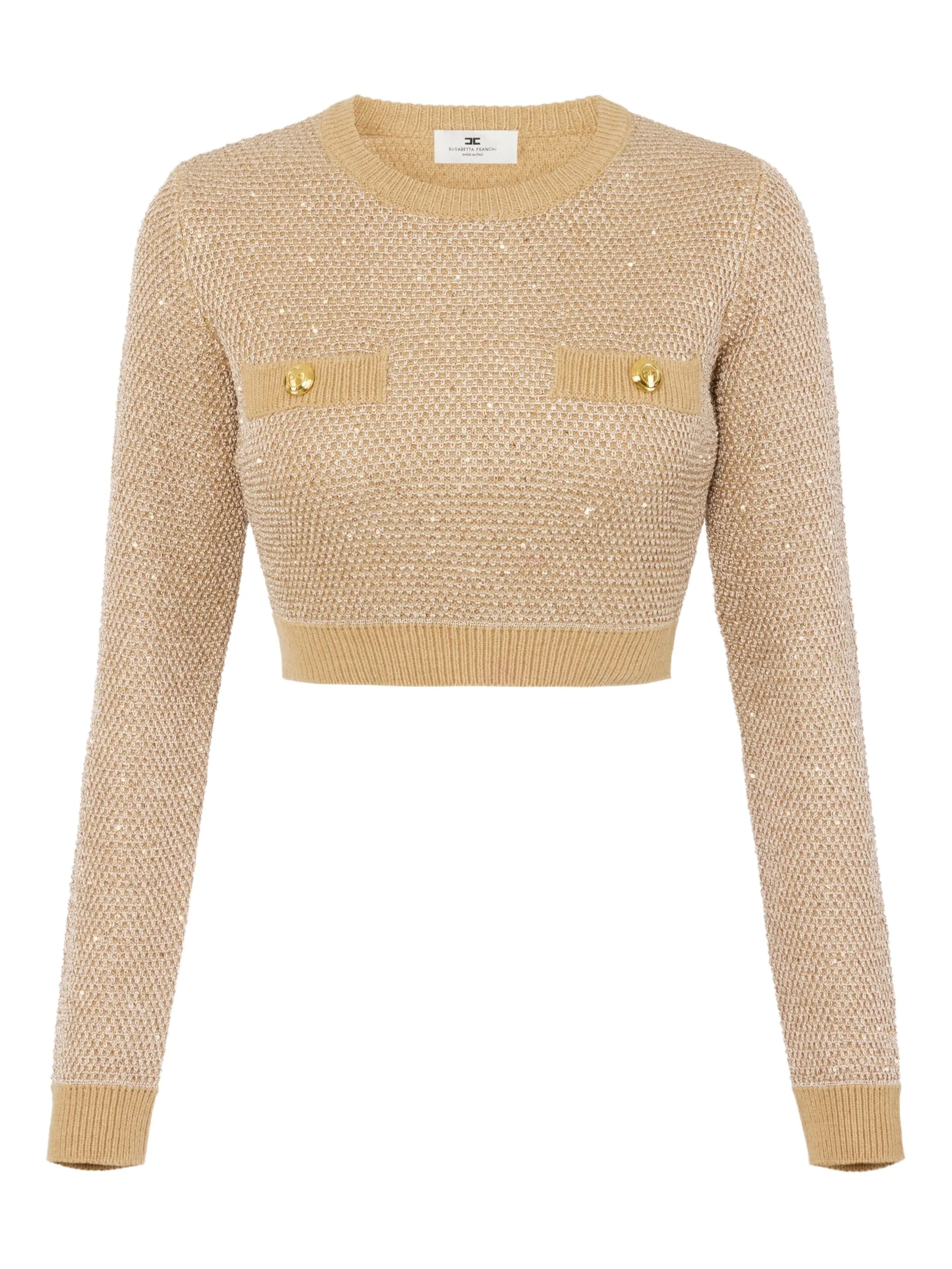 Elisabetta Franchi Knitted Long-sleeved Cropped Top With Sequins Clothing In Brown