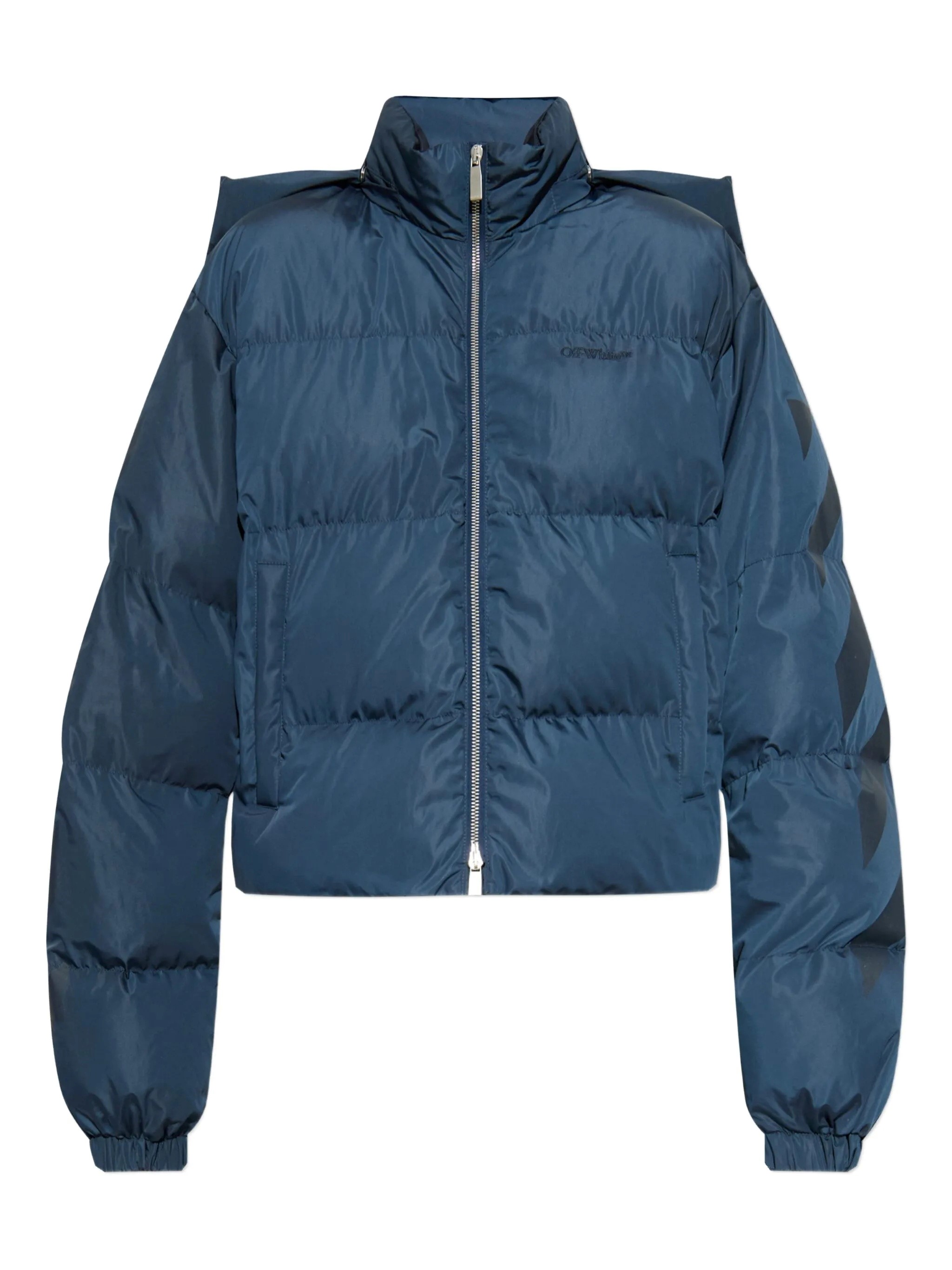Off-white Cropped Hooded Puffer Jacket With High Collar In Blue
