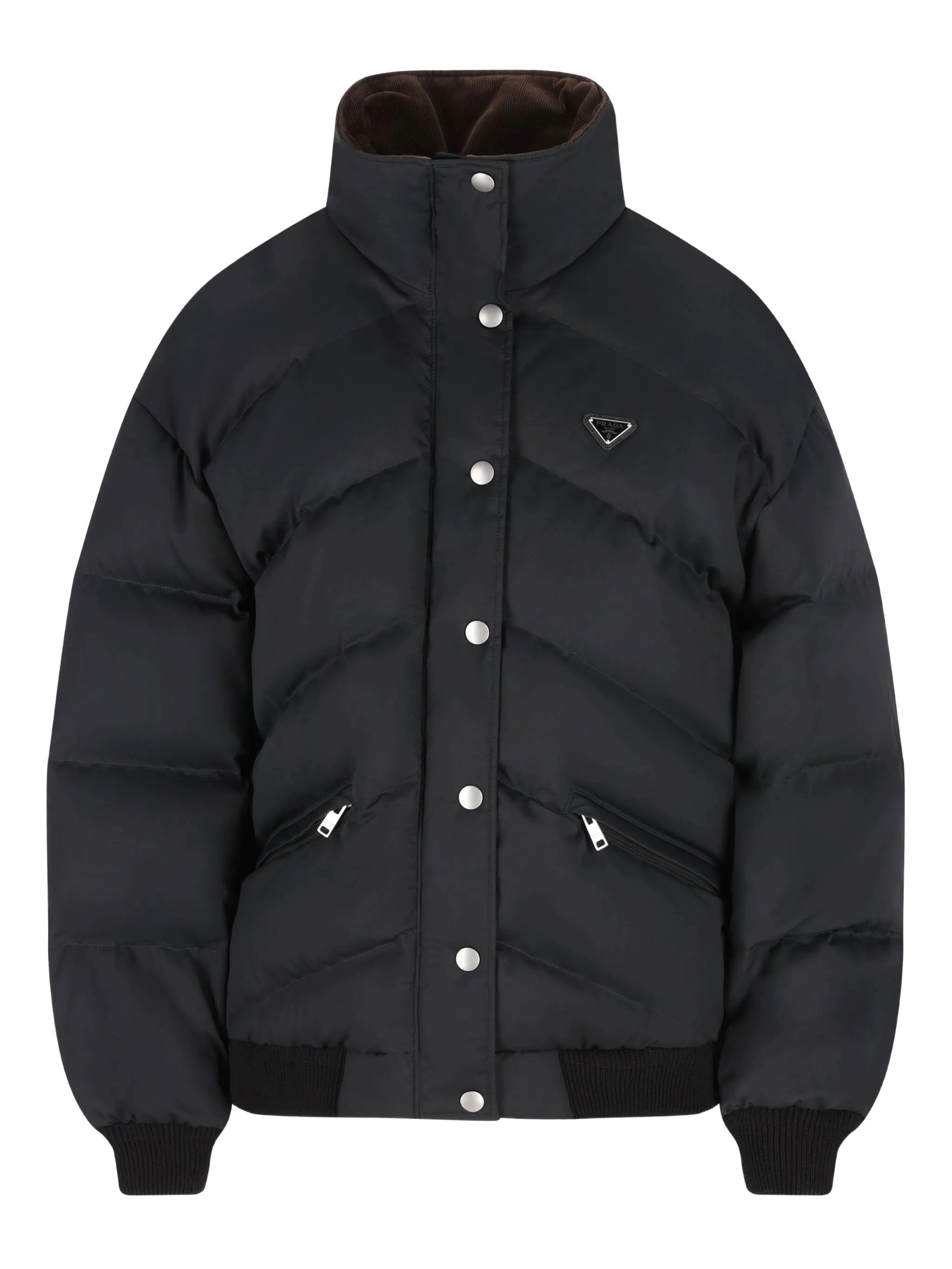 Prada Padded High Collar Coat With Zippered Pockets In Black
