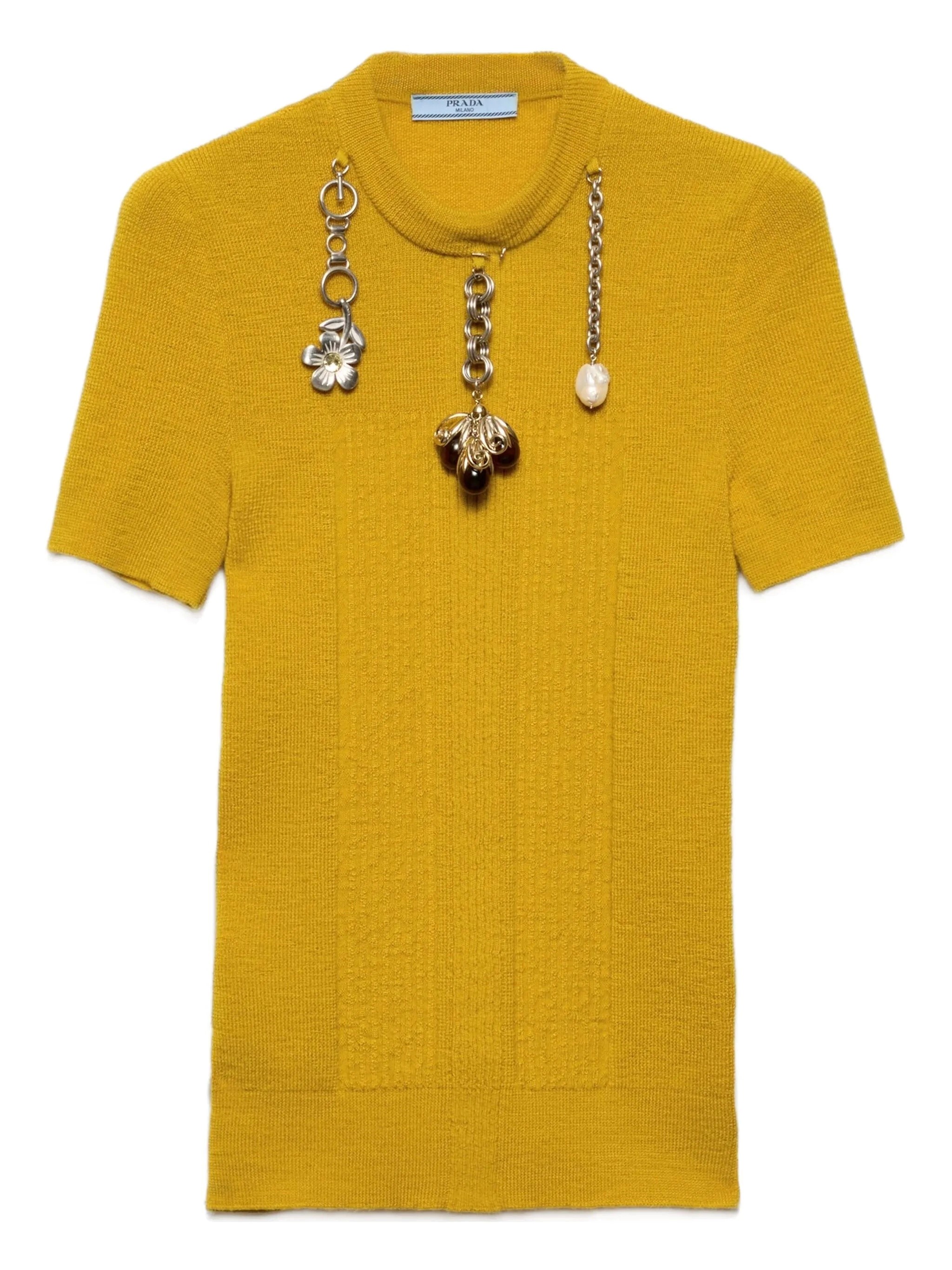 Prada Chain Embroidered Wool Knit Short-sleeve Sweater In Yellow