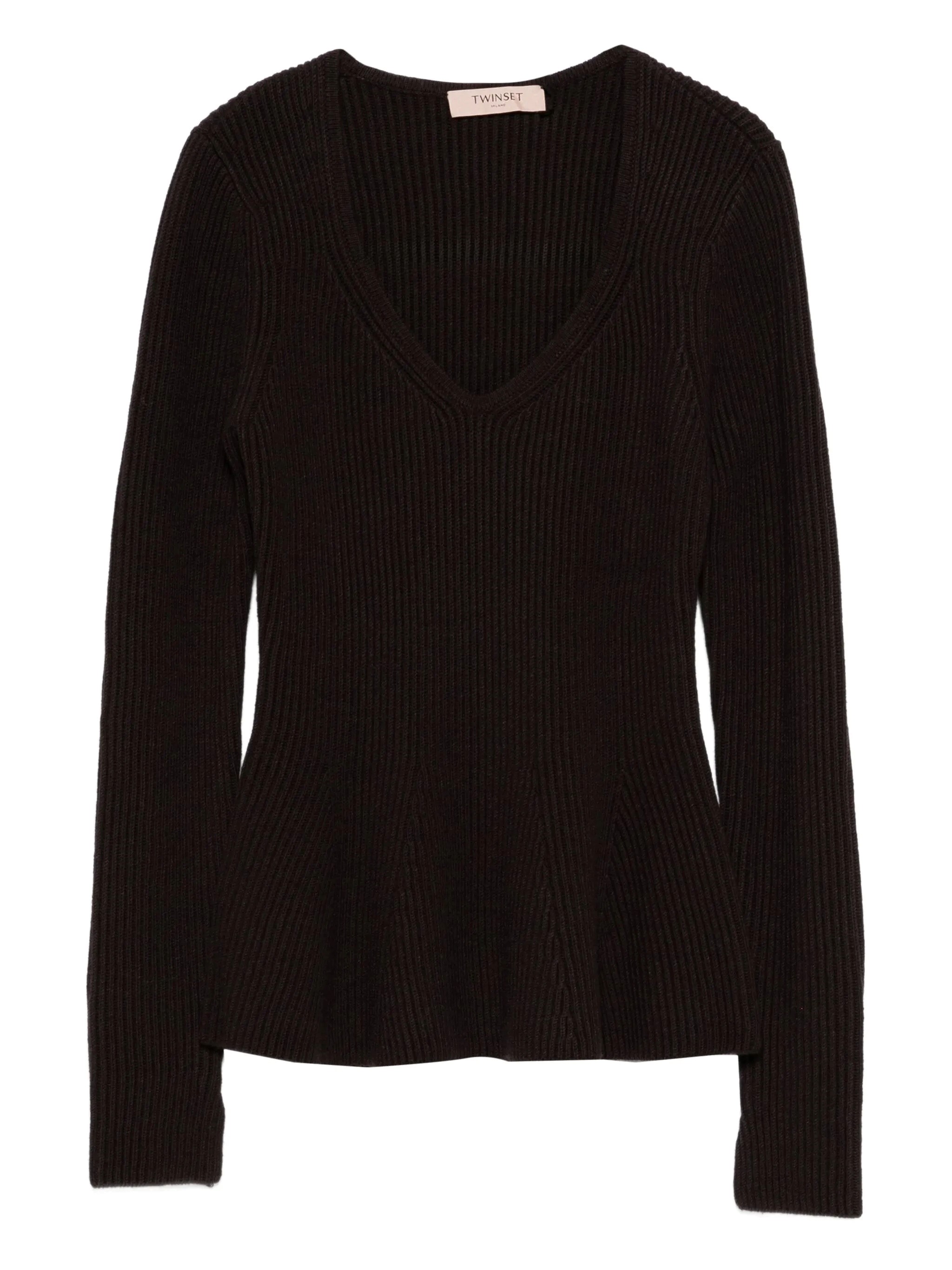 Twinset Fitted Ribbed Knit Sweater With Deep V-neckline In Black