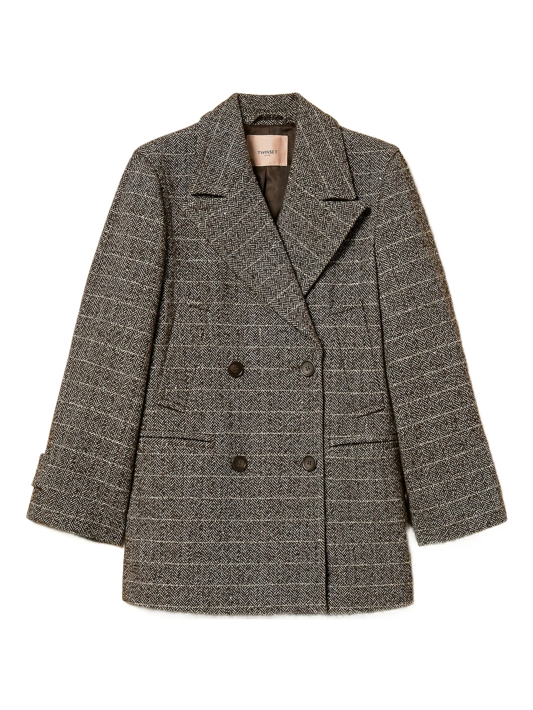 Twinset Double-breasted Checkered Coat With Notched Lapel In Green