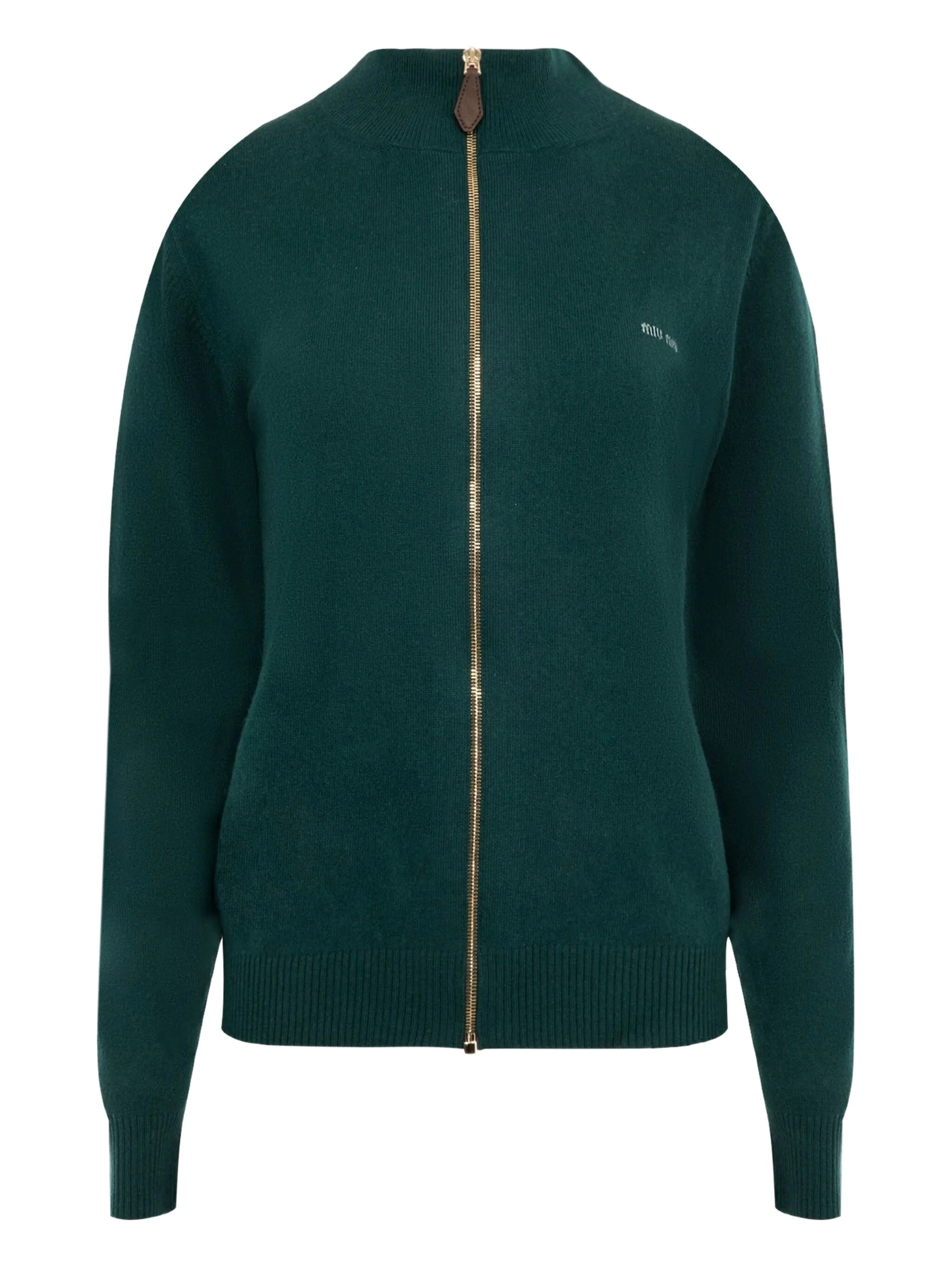 Miu Miu High Collar Cardigan Elbow Patches In Green