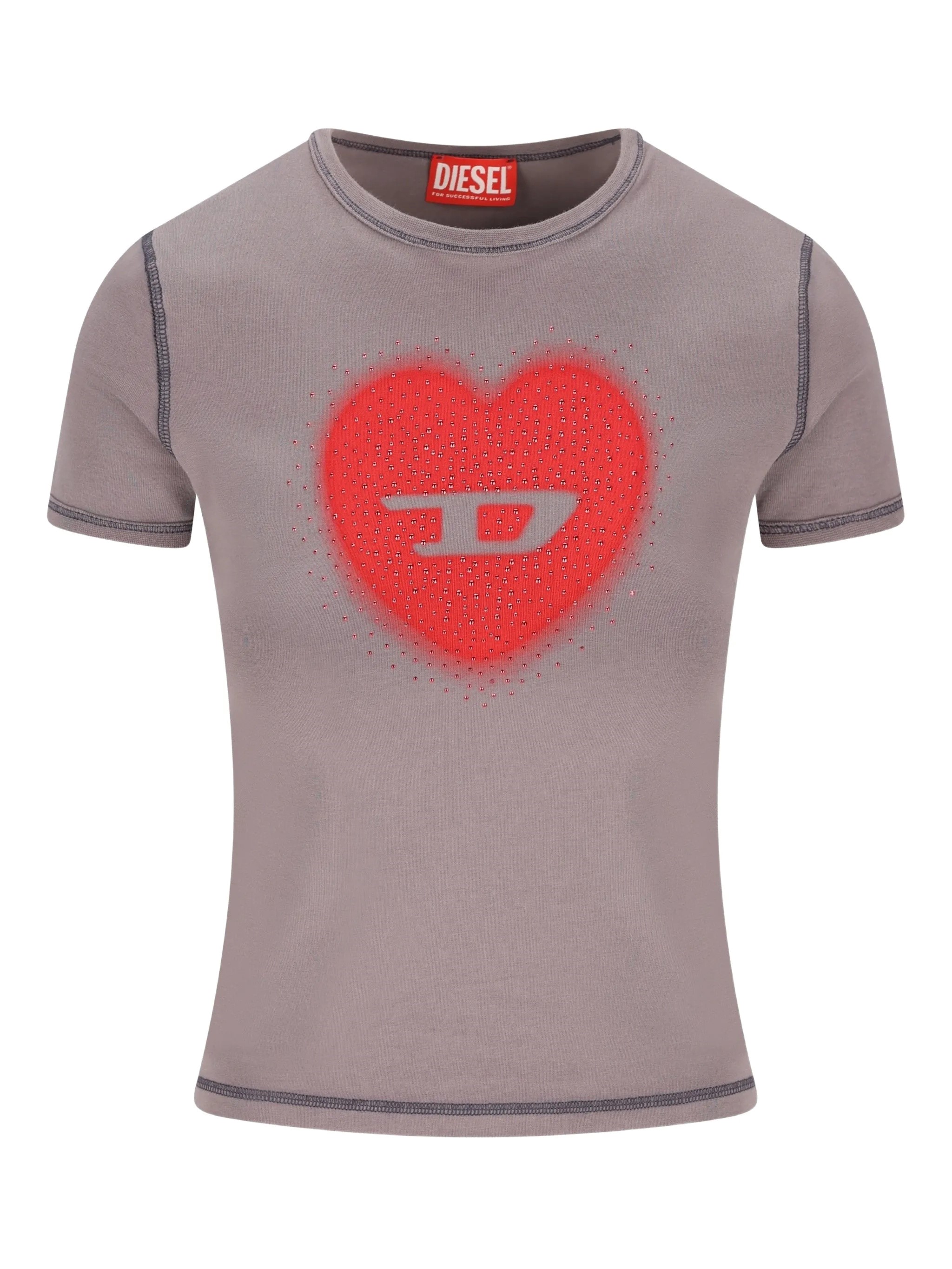 Diesel Slim T-shirt With Heart Print And Studs In Gray | ModeSens