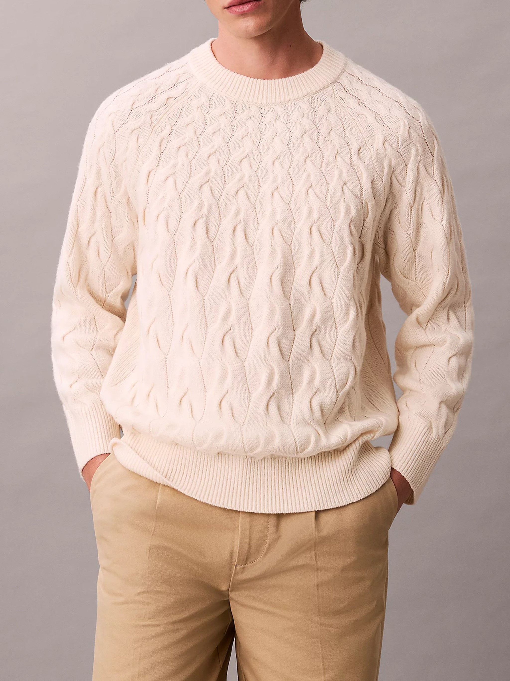 Calvin Klein Lambswool Blend Cable Knit Crew Neck In Neutral