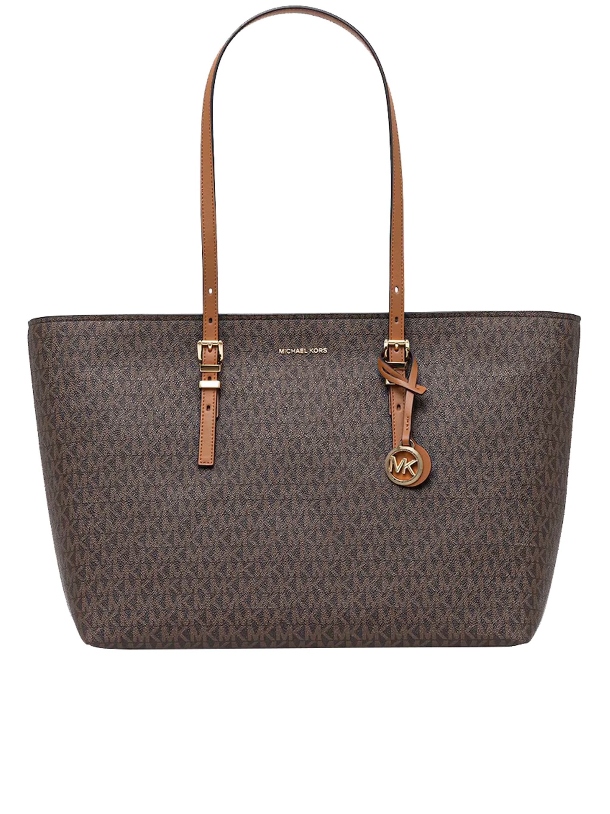 Michael Kors Monogrammed Tote Bag With Adjustable Straps And Gold-tone Hardware In Brown