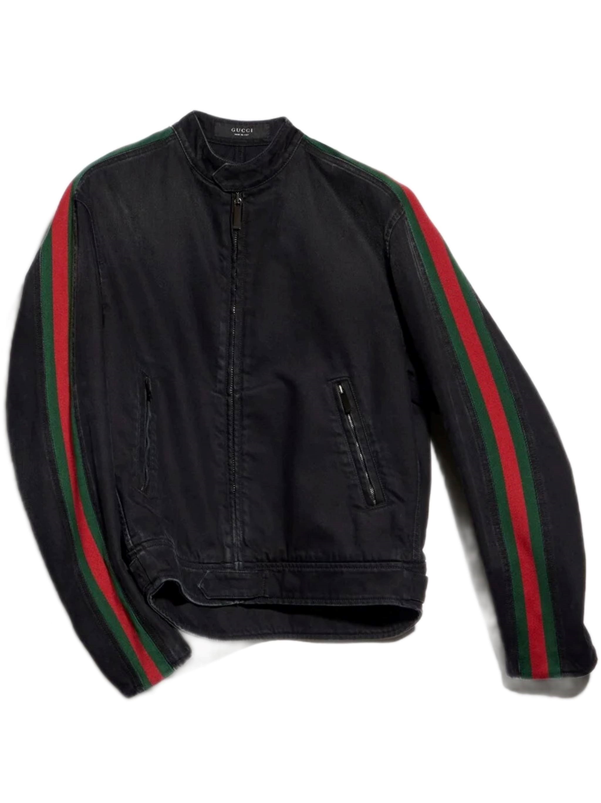 GUCCI GUCCI Biker Jacket In Cotton Denim With Web Ribbon　GUCCI バイカー ジャケット コットン デニム ウェブ リボン付き