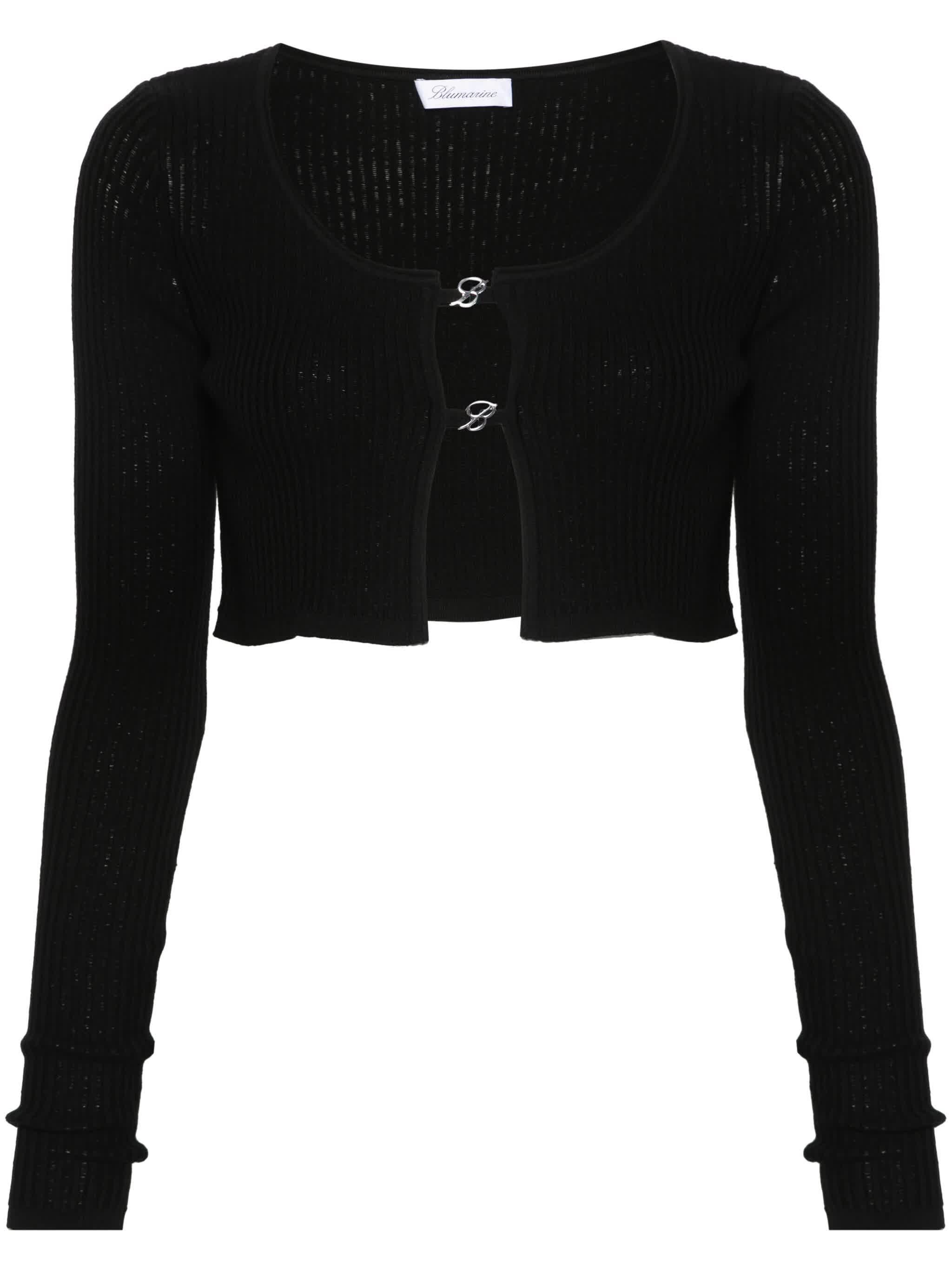 Blumarine Ribbed Knit Black Cardigan With Scoop Neckline In Black