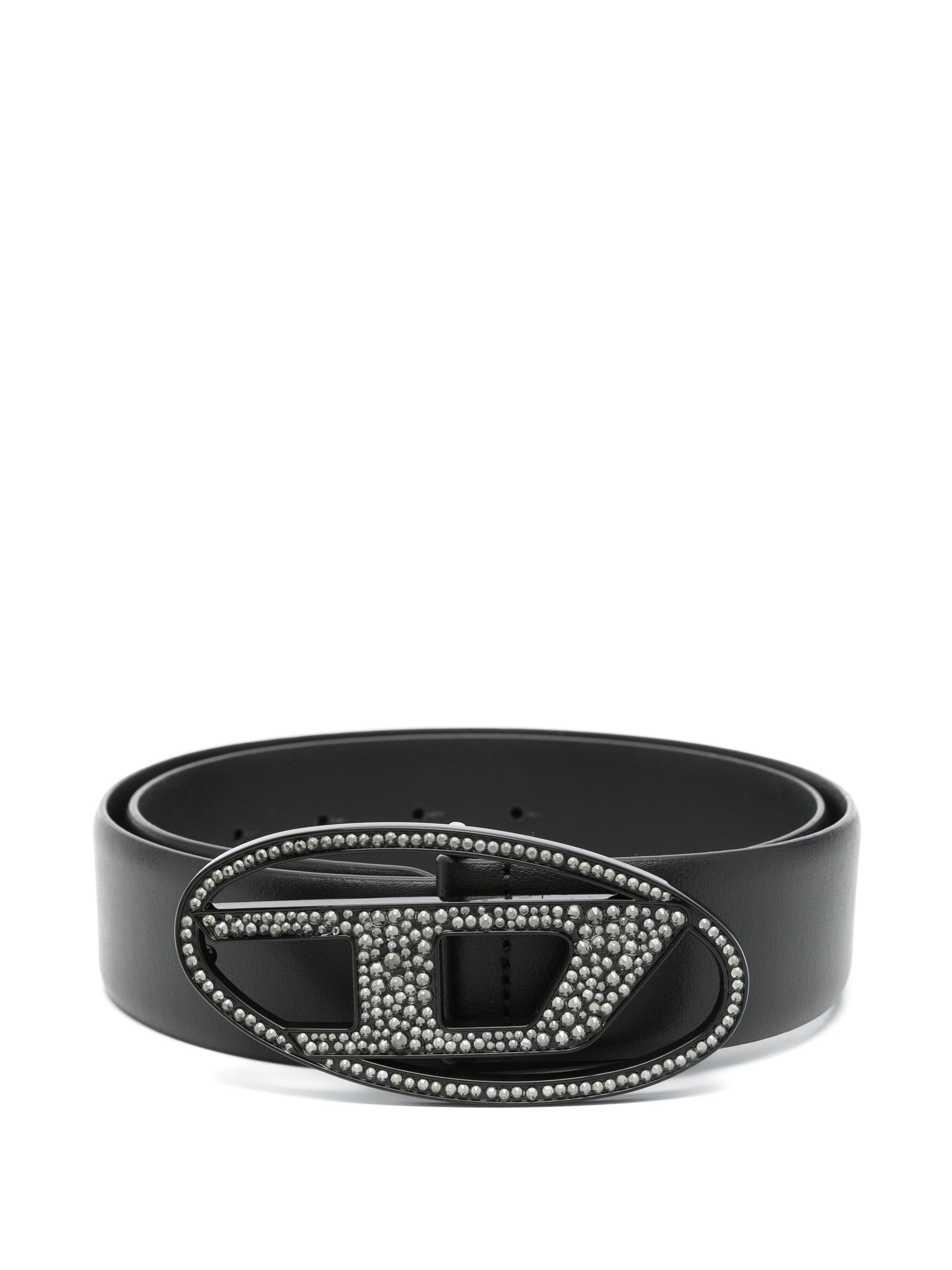 Diesel Oval D Crystal Buckle Leather Belt In Black