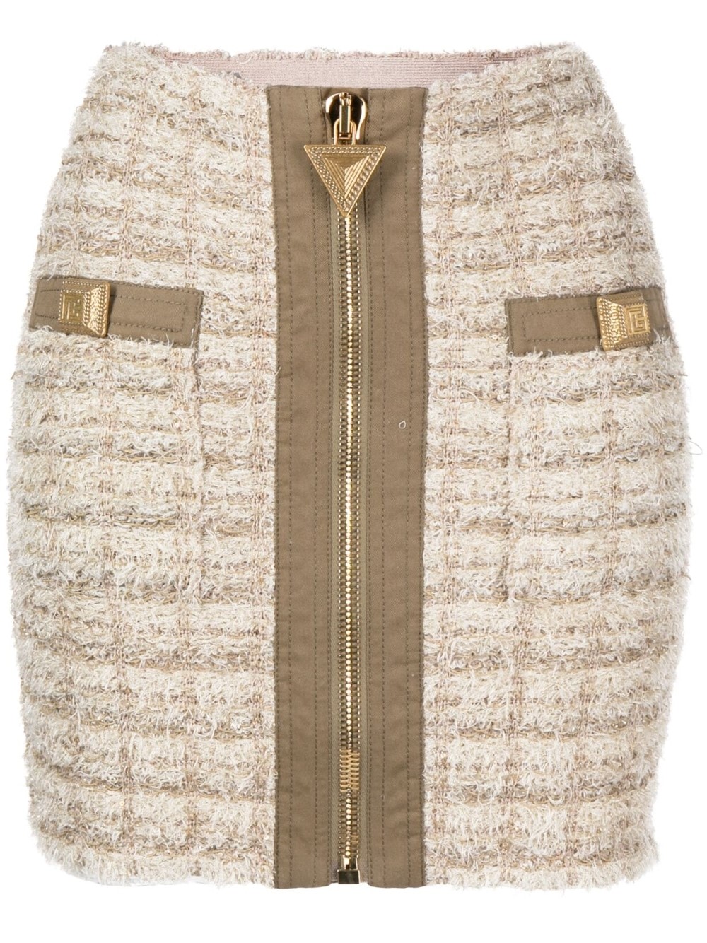 Balmain Button Embellished Front Zip Tweed Mini Skirt In Animal Print