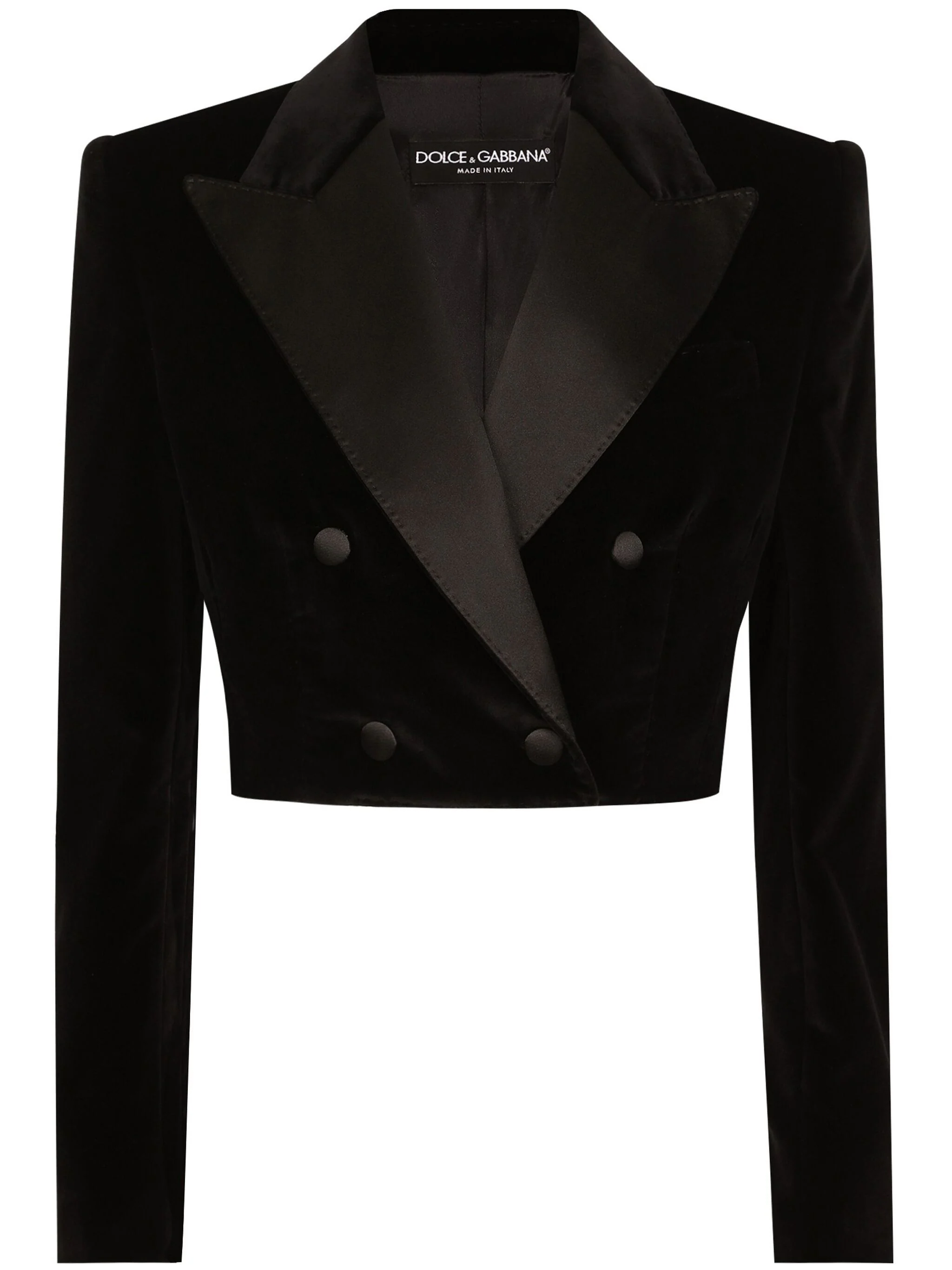 Dolce & Gabbana Cropped Double-breasted Silk Blazer With Wide Lapels In Black